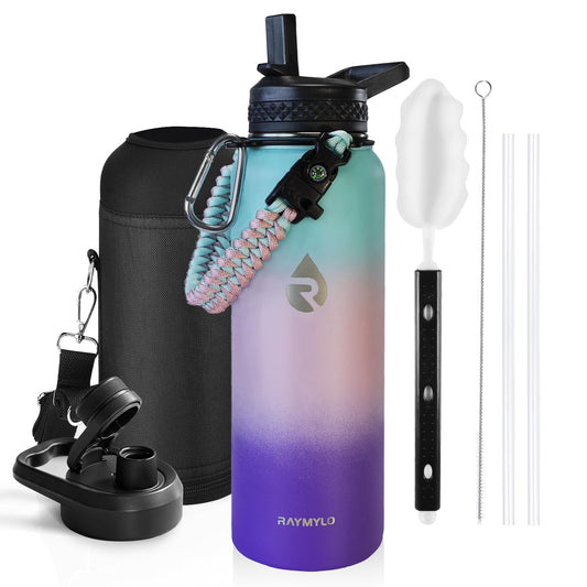 RAYMYLO Insulated Water Bottle 40 oz, Triple Wall Vacuum Stainless Steel (Cold for 48 Hrs), Leak Proof & BPA-Free, Modern Water Flask Jug with Paracord Handle & Straw Spout Lids, Hydrangea