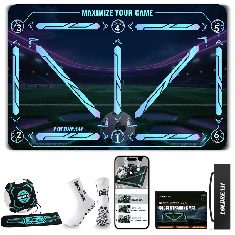 Soccer Training Mat With Technique Video Soccer Training Equipment Includes Football Trainer And Grip Socks Soccer Gifts Improve Coordination Anti-Slip Silent Absorption Mat For Footwork Training