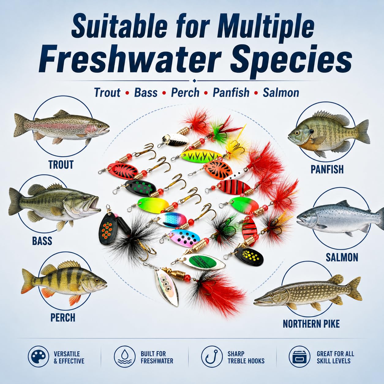 Fishing Spinner Lures Kit 15PCS, Inline Spinner Baits with Treble Hooks and Feather Tails, Rooster Tail Lures, Hard Metal Trout Spinners for Bass Crappie Panfish Freshwater