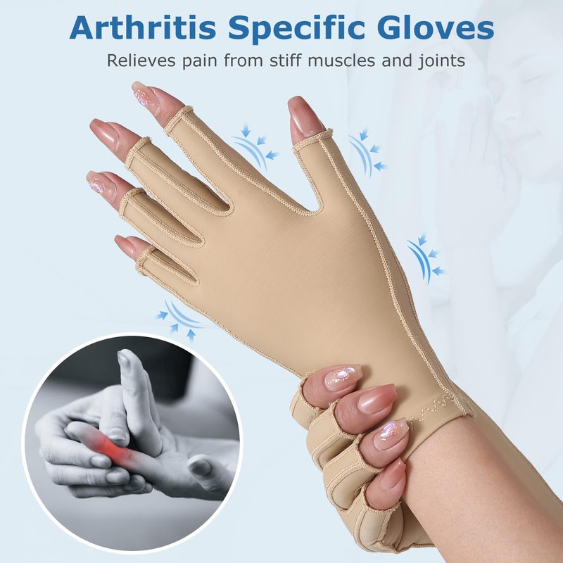 NURCOM Compression Arthritis Gloves Support for Women & Men, Relieve Pain & Swelling from Arthritis, Carpal Tunnel, Tendinitis, Tendonitis, Single Glove for Left & Right Hand, Open Finger Beige Large
