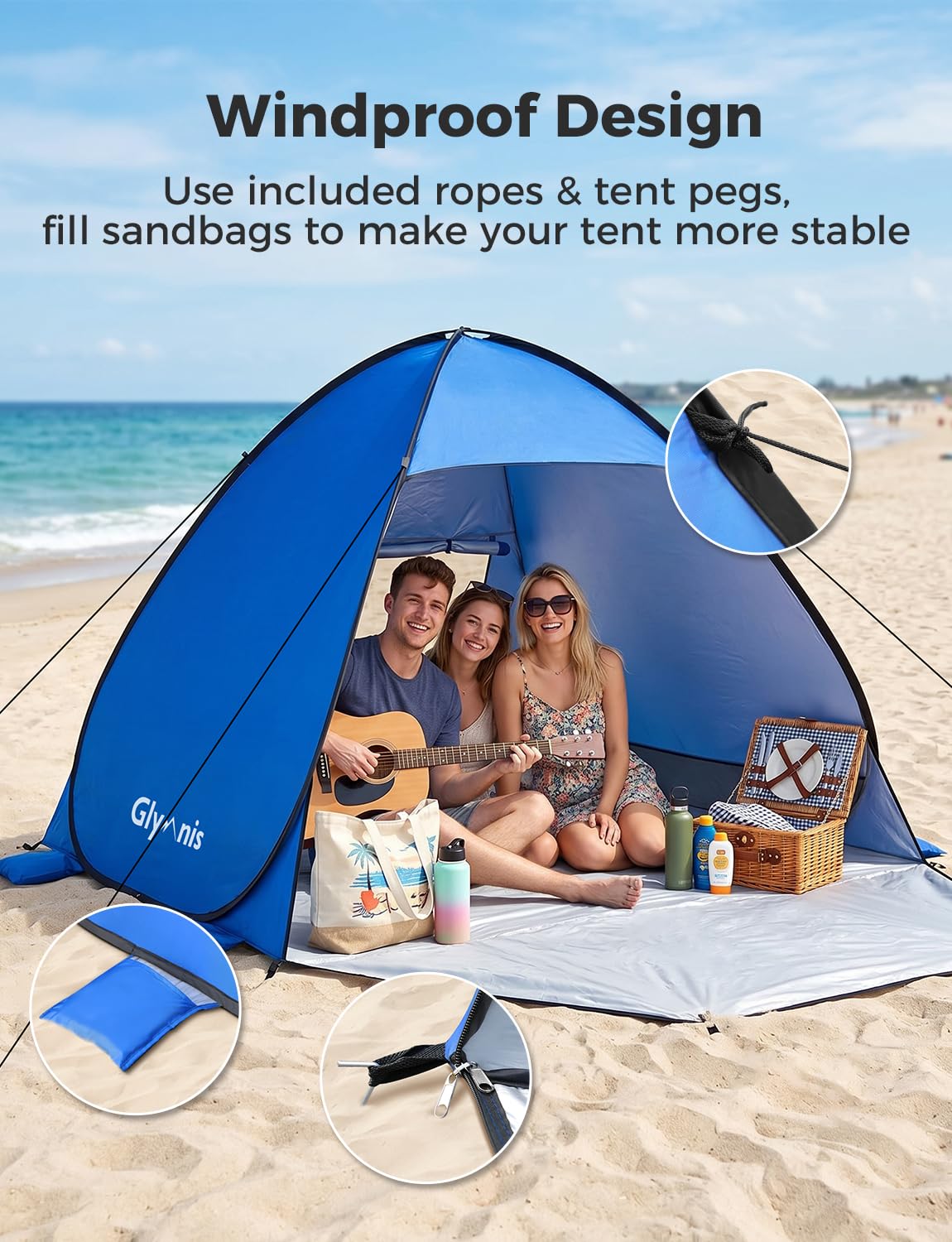 Glymnis Pop Up Beach Tent Instant Portable Sun Shade Shelter (L) 3-4 Persons UPF 50+ with Extendable Floor Zipper Door Automatic Easy Up Tent
