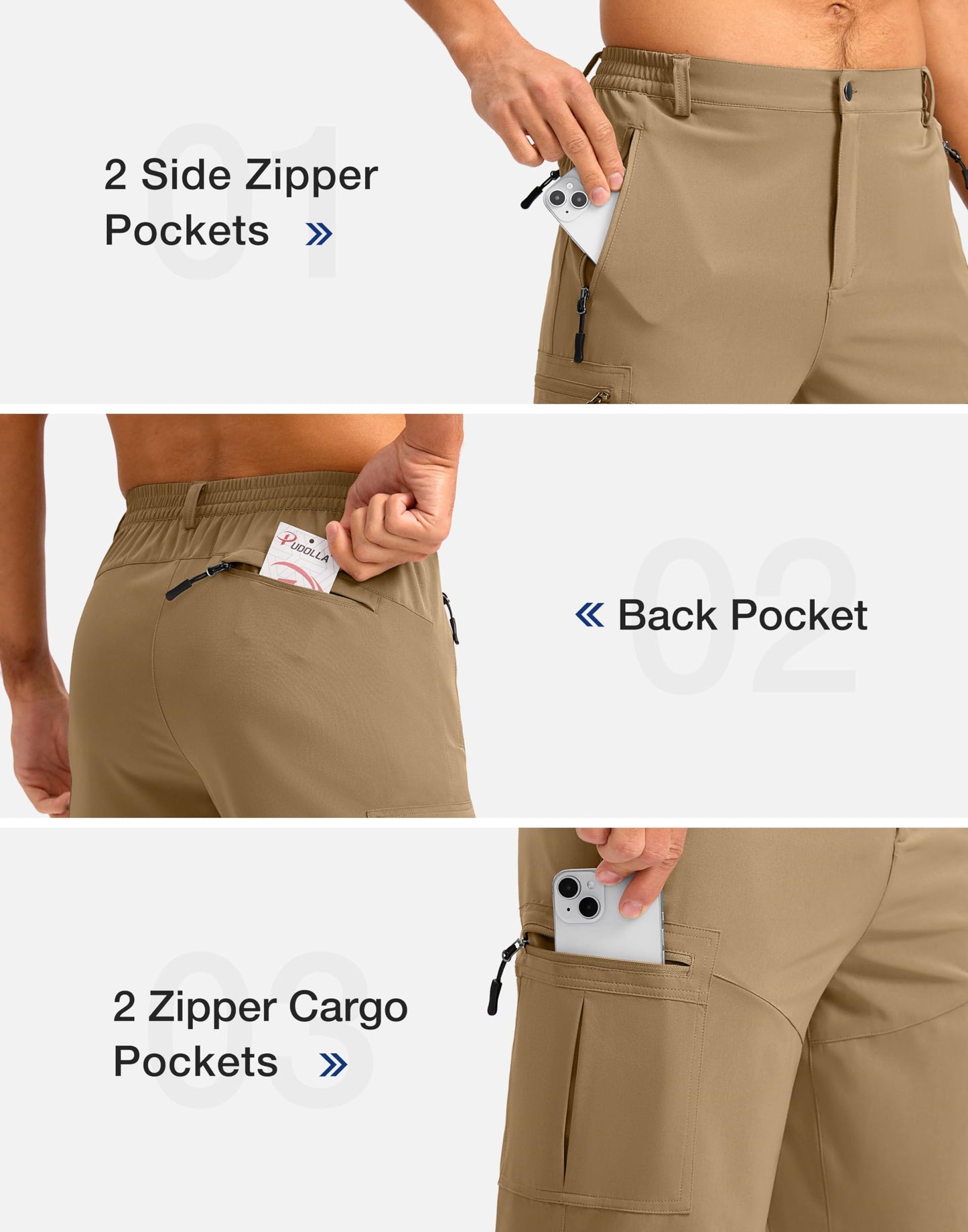 Pudolla Men's Hiking Shorts 11" Lightweight Cargo Work Shorts for Men Summer Travel Golf Casual Outdoor with 5 Pockets(Dark Khaki XX-Large)
