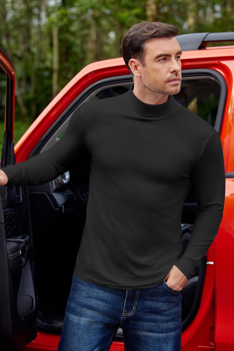 Ekouaer 3 Packs Men Turtle Neck Shirts Long Sleeve Thermal Tops Causal Lightweight Pullover Black/Khaki/White L