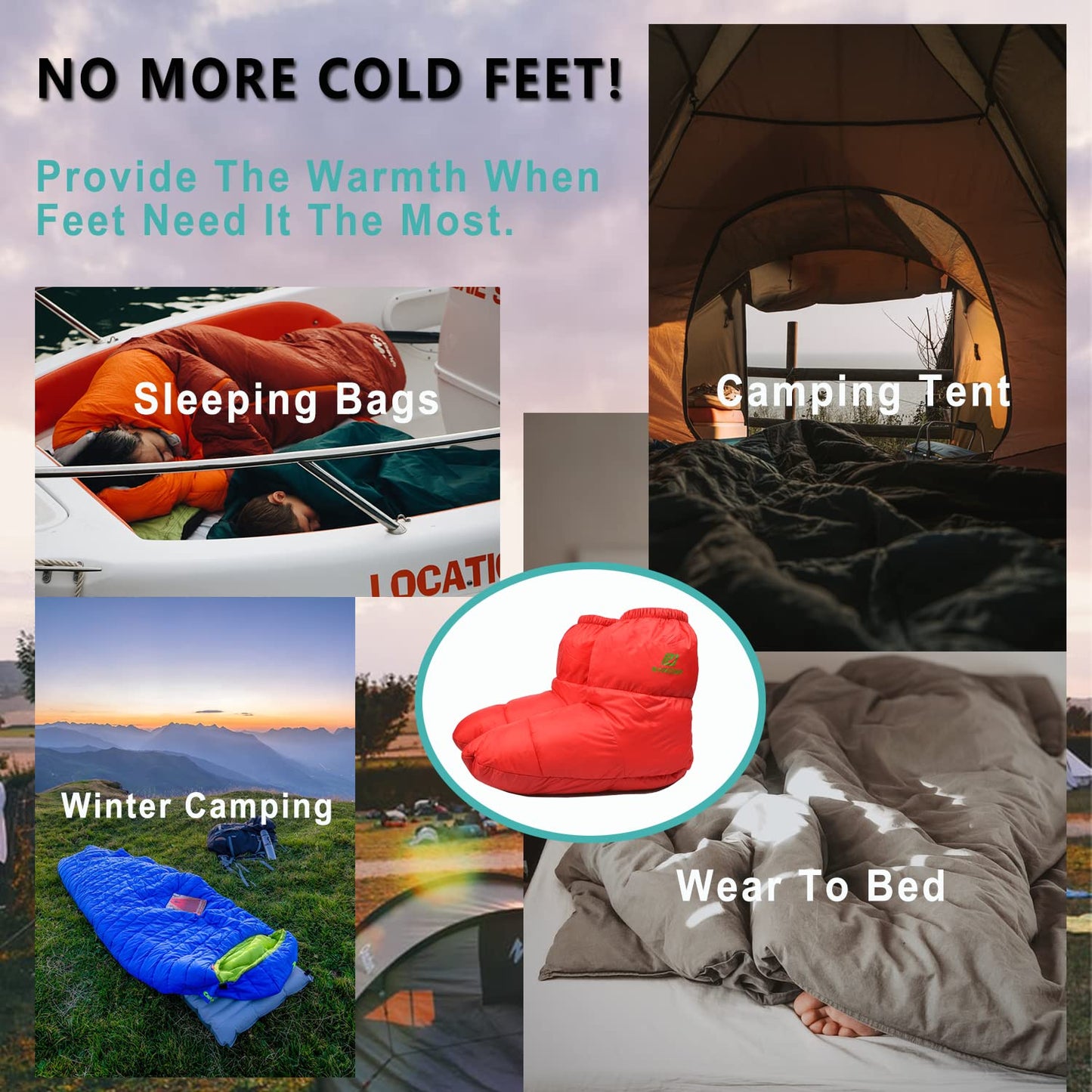 RANDDER Down Booties Warm Socks, Ultralight Winter Thermal Foot Warmer Camping Sleeping Bag Tent Slippers for Men Women(Red/Small)