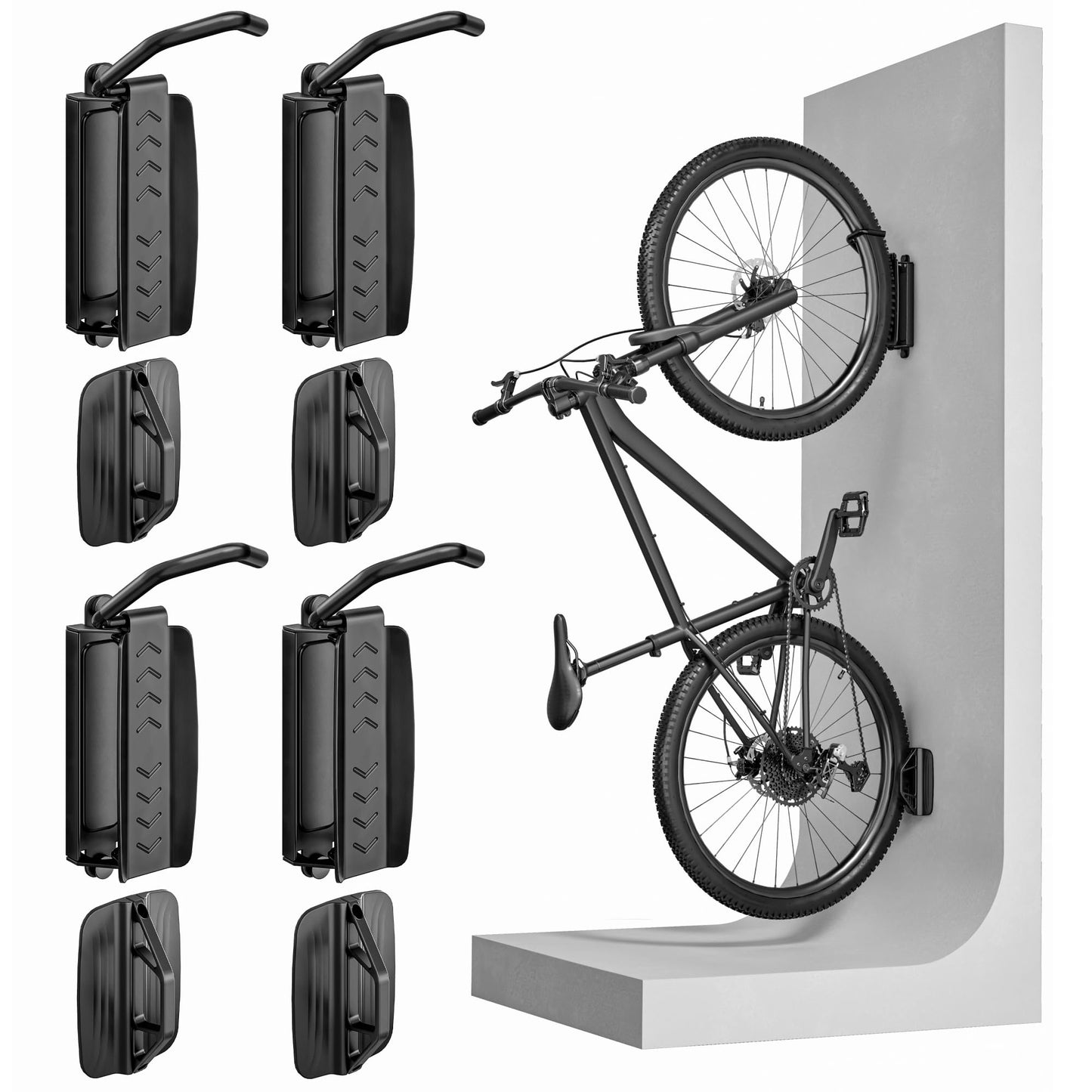 PEGZONE 4 Pack Bike Rack Garage, Bike Wall Mount Heavy Duty, Holds 77 Lbs, Swivel Bike Hangers for Garage, Adjustable Indoor Bike Storage for Bedroom Home Office, 4 Pack