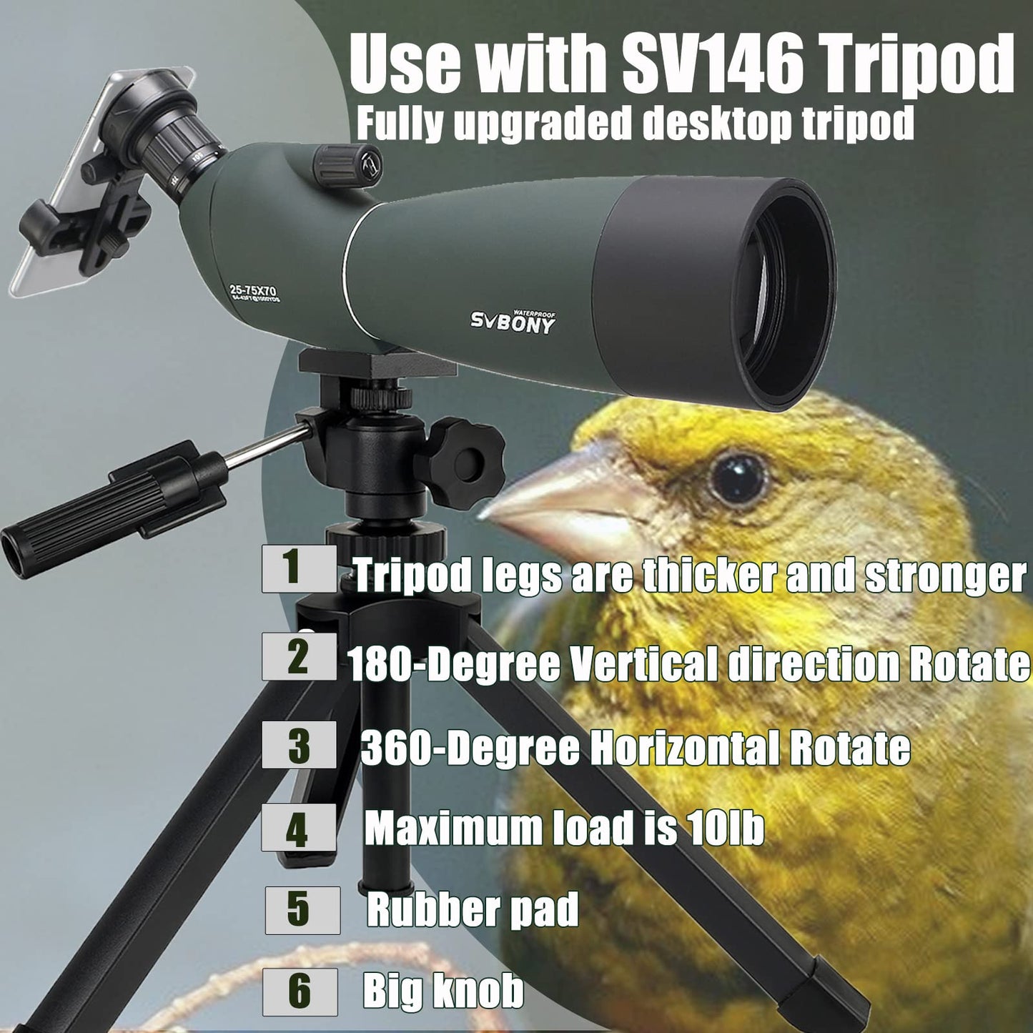 SVBONY SV28 Spotting Scopes with Tripod and Phone Adapter, Angled 25-75x70mm Spotter Scope, Waterproof Fogproof Spotting Scope with Desktop Tripod for Bird Watching, Target Shooting, Wildlife Viewing