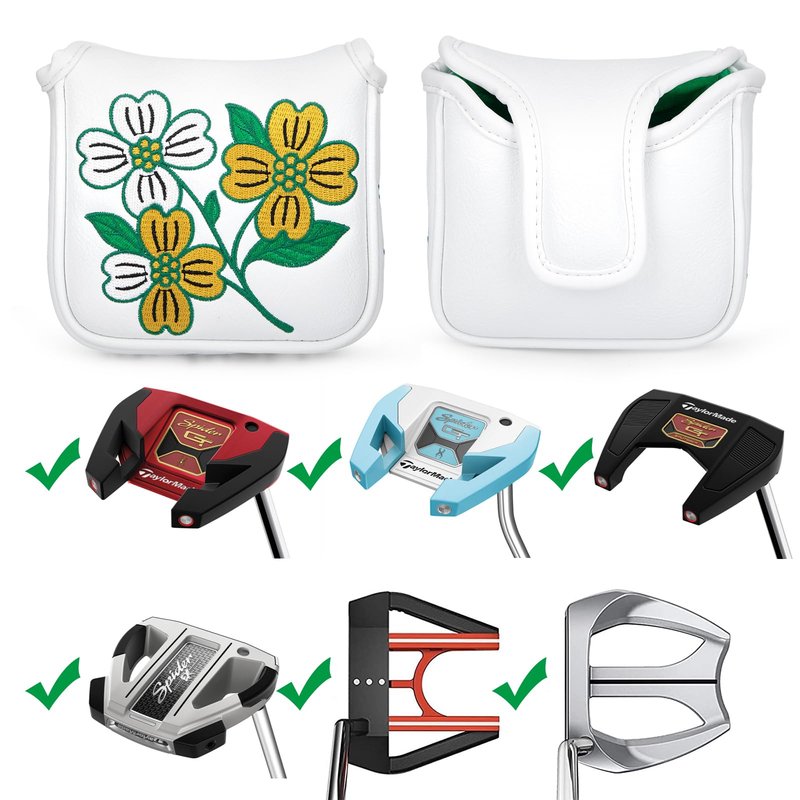 Golf Square Heel Shaft Mallet Putter Cover Headcover, Flower Magnetic Closure Elegant Embroidery Premium Leather Golf Mallet Putter Covers