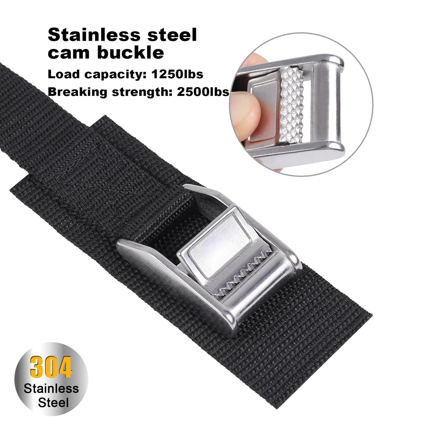 Ayaport Stainless Steel Cam Buckle Tie Down Lashing Straps 2500lbs Break Strength Heavy Duty Car Roof Rack Strap for Kayak, SUP, Surfboard, Cargo, Motorcycle, Truck, Boat, Dirt Bike