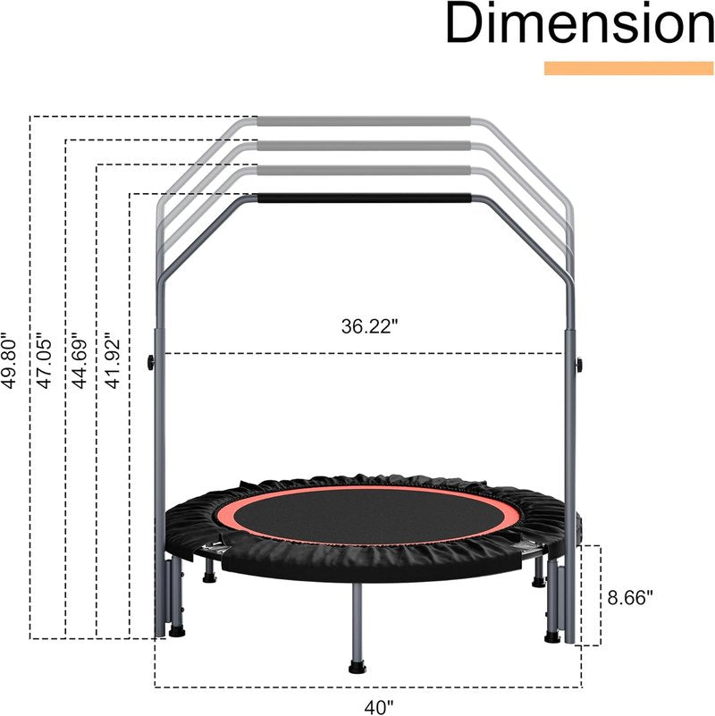 Foldable Mini Fitness Rebounder - Adjustable Foam Handle, Max Load 440 lbs | 40"/48" Indoor Cardio for Adults