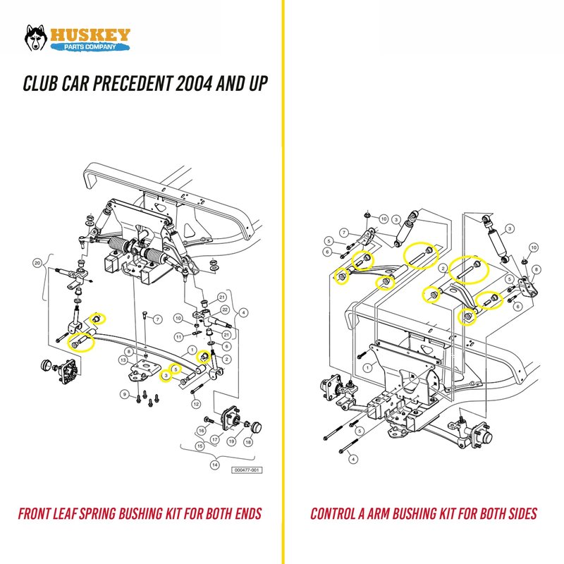 Huskey Club Car Precedent Front Lower Spring & Upper A-Arms Bushing Kits With 12X Urethane Bushings, 2X Sleeves For Front Spring, 2x Inner Rolled Sleeves and Two Outer Rolled for Upper A Arms