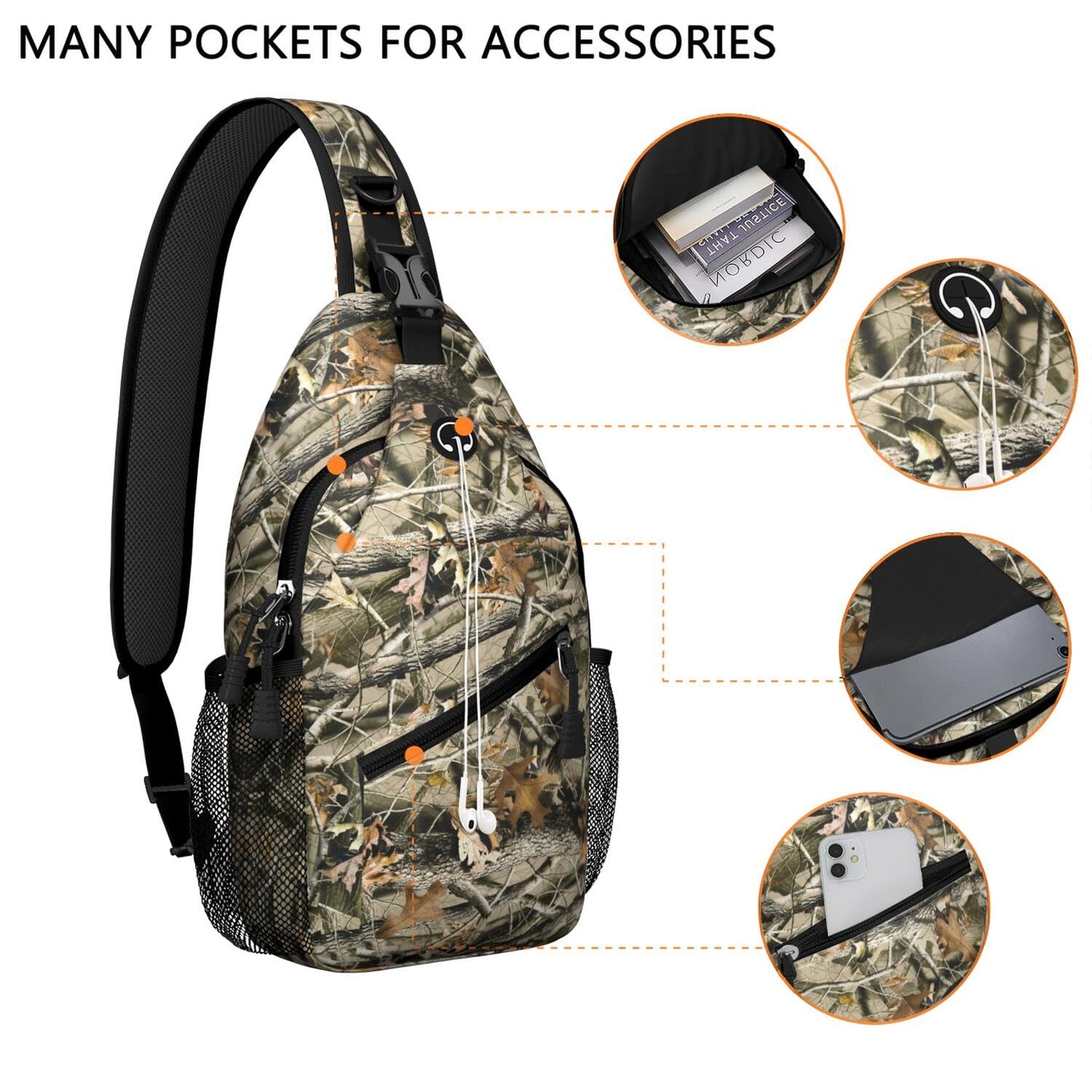Hunting Camouflage Camo Forest Sling Bag for Women Men Small Crossbody Sling Backpack Travel Hiking Daypack Chest Shoulder Bag