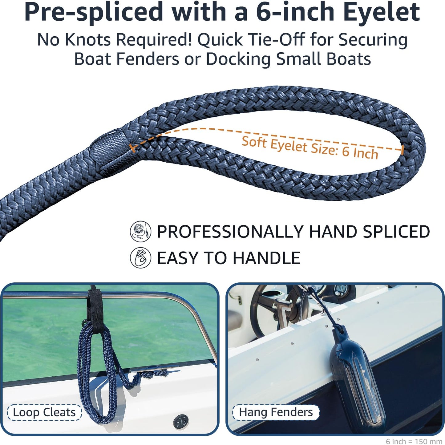 PACTHSD 3/8" x 10' Boat Fender Lines (4-Pack) - Double Braided Nylon Dock Lines for Boats - Marine Grade Fender Ropes with 6" Eye Loop - Soft, Durable Boat Accessories for Pontoon and Small Boats