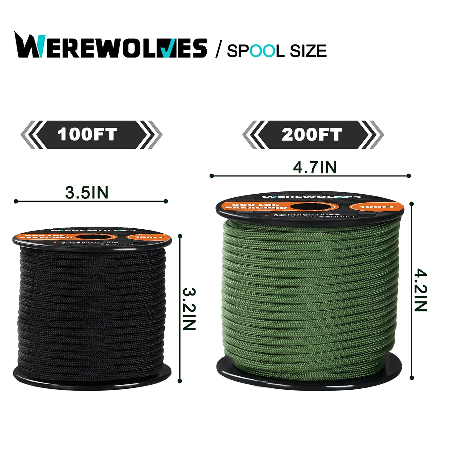 WEREWOLVES 650lb Paracord/Parachute Cord, 9 Strand Paracord Rope