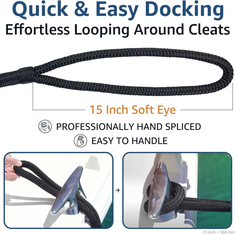 Boat Dock Lines - 5/8" x 15' Marine-Grade Double Braided Nylon Dock Rope | Fray Resistant, Easy Handling - 2 Pack, Black