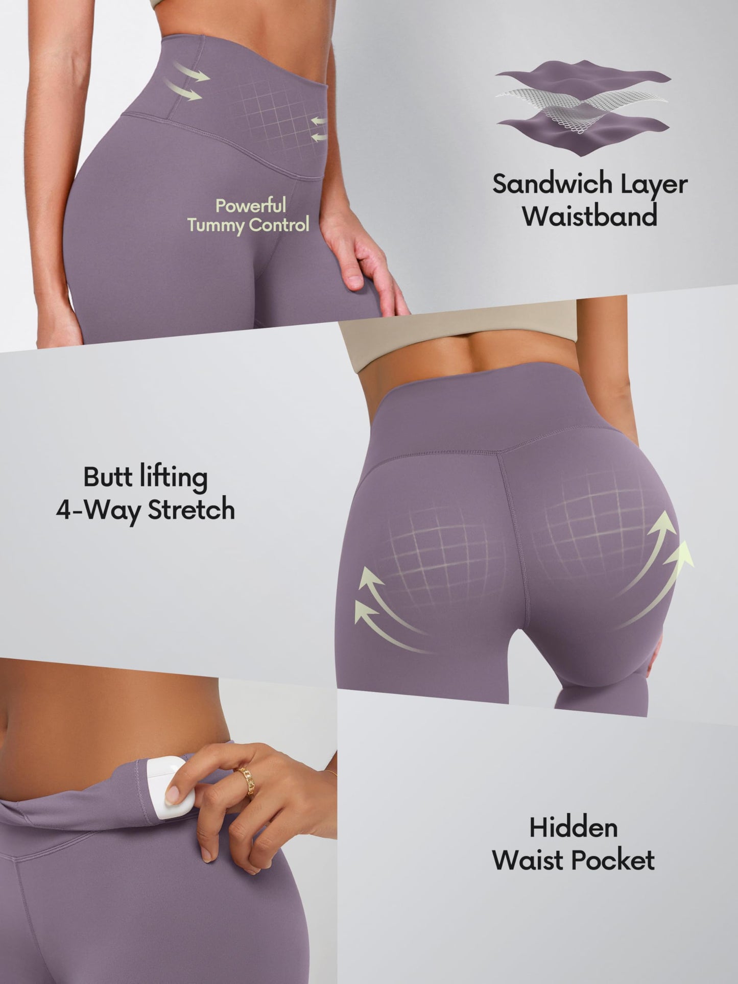 ODODOS Tummy Control Full Length Compression Leggings with Inner Pocket for Women, 28" High Waist Workout Running Yoga Pants, Ash Violet, XX-Large