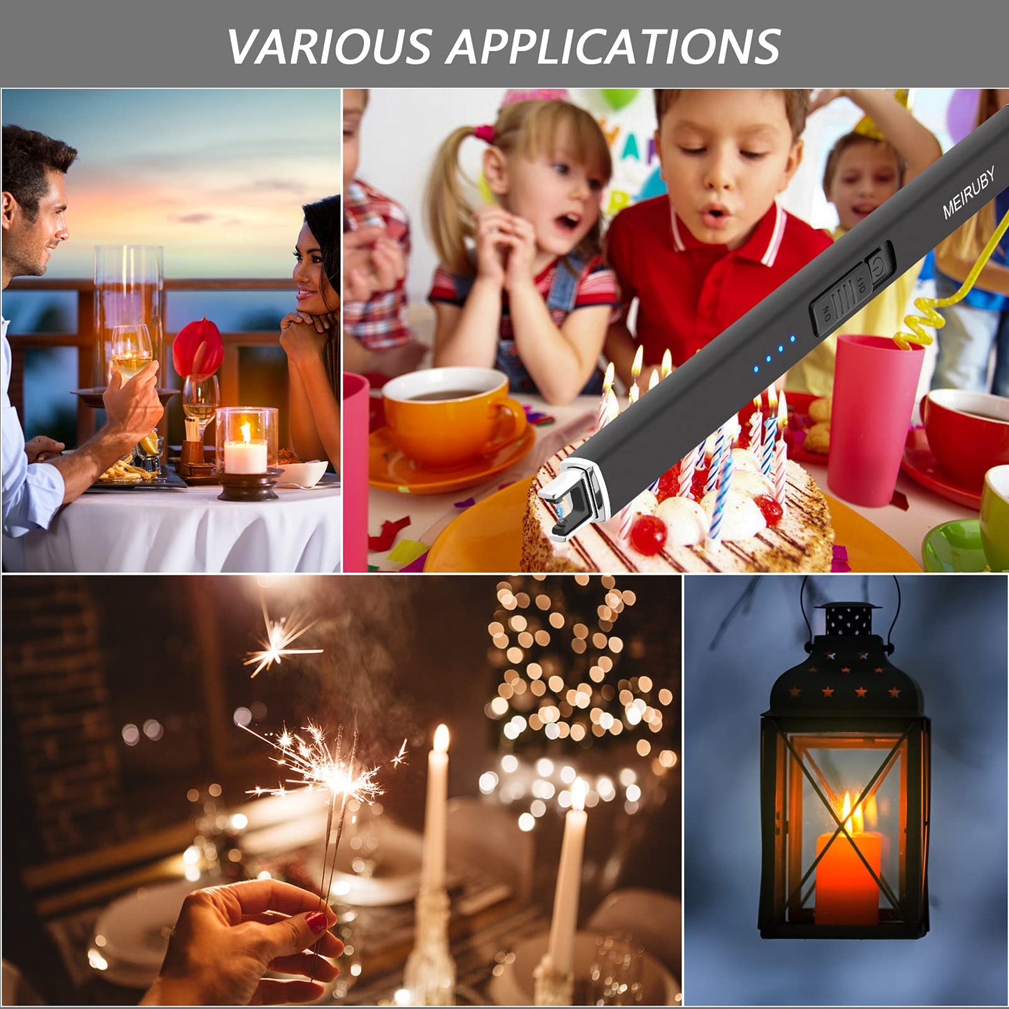 MEIRUBY Lighter Electric Candle Lighter Long Electronic Rechargeable USB Lighter Arc Windproof Flameless Lighters for Candle Camping BBQ Birthday Women's Day Gifts for Women Mom Wife Men, Balck