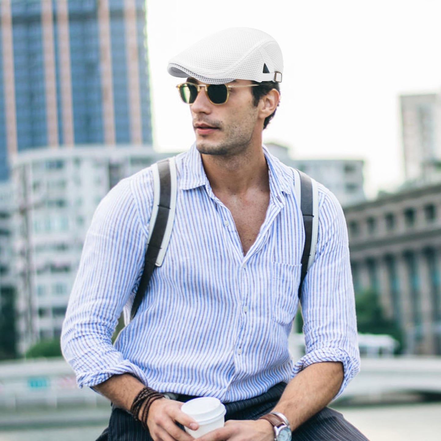 meioro Mens Breathable Mesh Summer Hat Adjustable Flat Cap Newsboy Beret Ivy Cap Irish Cabbie Fishing Hats（White）