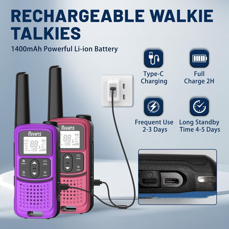 Radios Walkie Talkies Long Range: Rivins F22 Rechargeable Walkie Talkies for Adults, NOAA, 1400mAh Li-ion Battery USB-C Cable, LED Flashlight, VOX FRS Two Way Radio for Hiking Camping,6 Pack