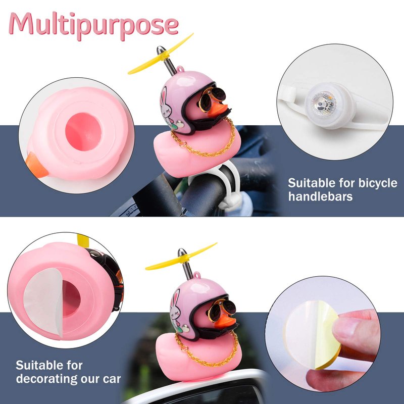 wonuu Rubber Duck Car Ornaments Pink Duck Bike Bell Cute Duck Car Dashboard Decorations Squeeze Duck Bicycle Horns with Propeller Helmet, Bandage and Gold Chain