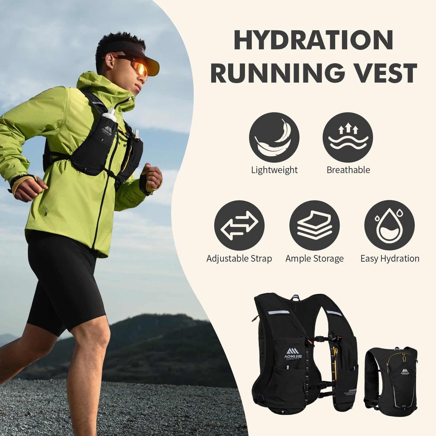 AONIJIE Running Hydration Vest for Men & Women, 8L Hydration Backpack, Multiple Pocket Designs for Water Bottles/Bladders, Lightweight Breathable for Hiking, Climbing, Marathon & Cycling - Black