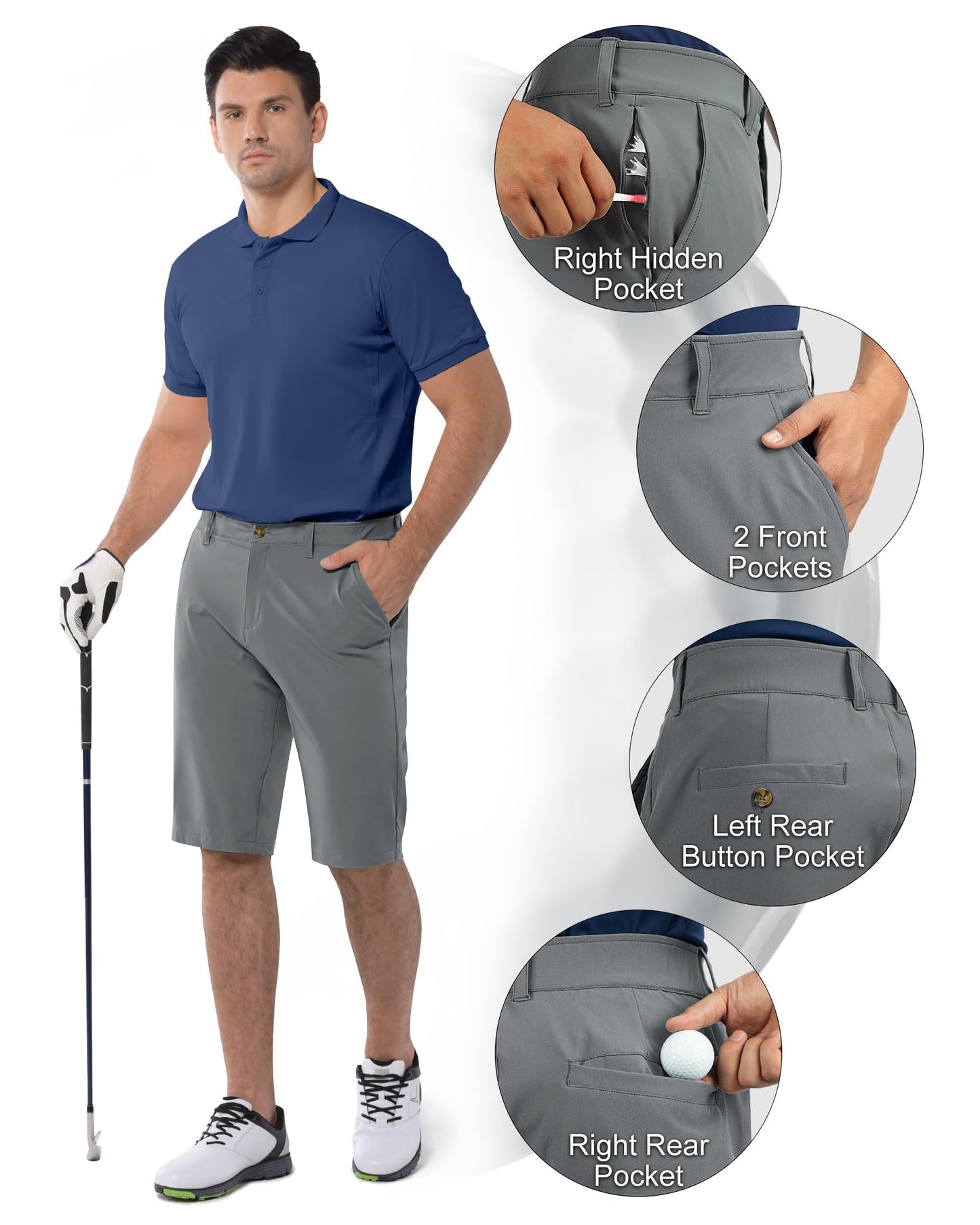 33,000ft Men's Golf Shorts Dry Fit, Lightweight Quick Dry Golf Stretch Shorts with Pockets 11" Inseam for Travel Casual Grey