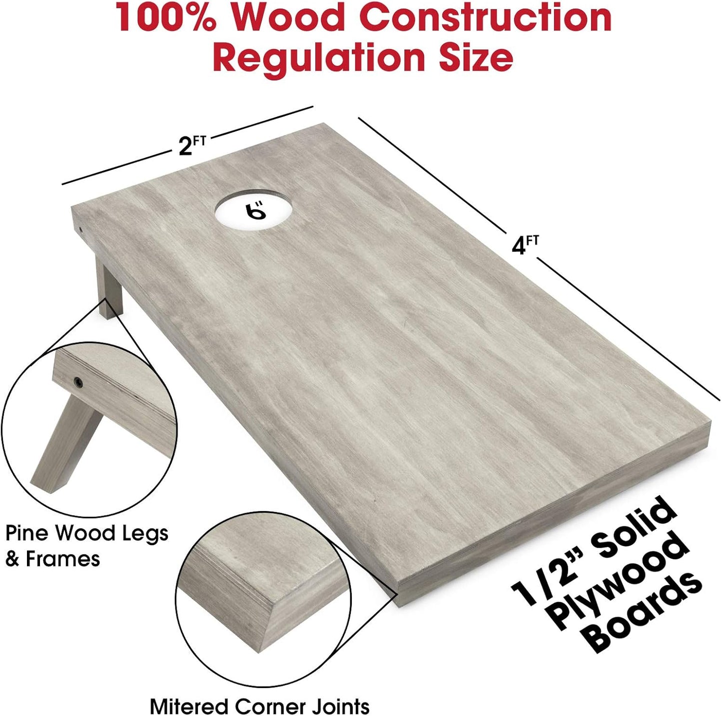 GoSports Wooden Cornhole Boards Set - 4 ft x 2 ft Regulation Size with Light Gray Finish | Includes Carrying Case