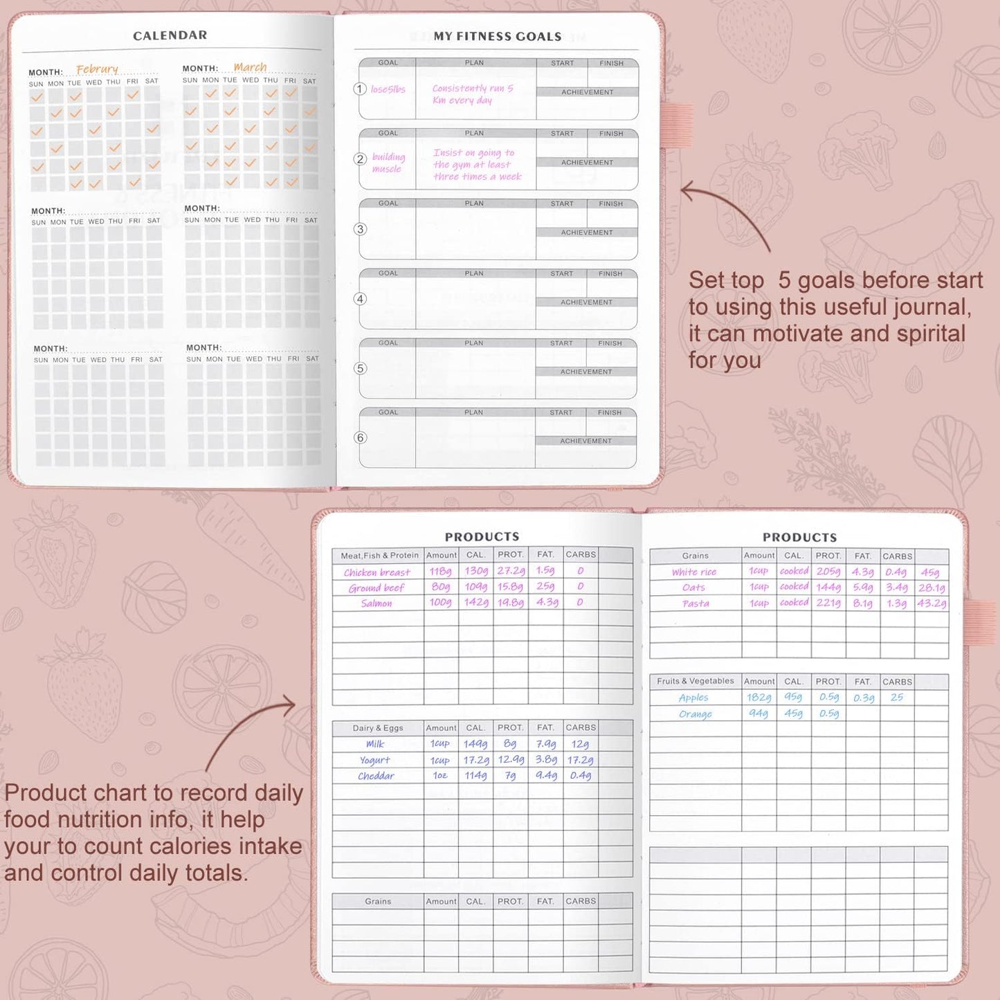 Food and Fitness Journal - Hardcover Wellness Planner for Meal Tracking & Workout | Undated for Home & Gym