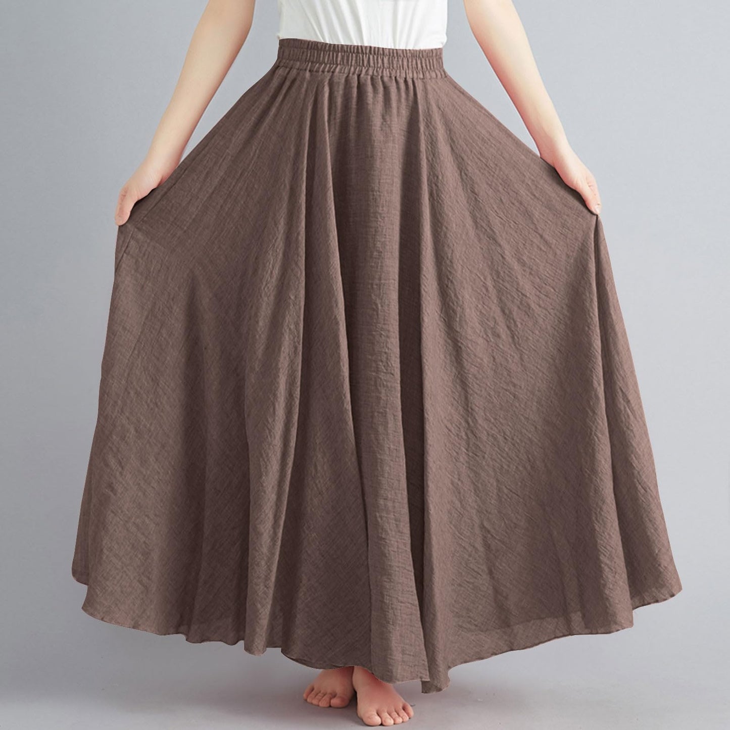 Womens Linen Maxi Skirts Summer Boho Solid Beach Elastic High Waist Pleated A-Line Flowy Swing Long Maxi Skirts Coffee