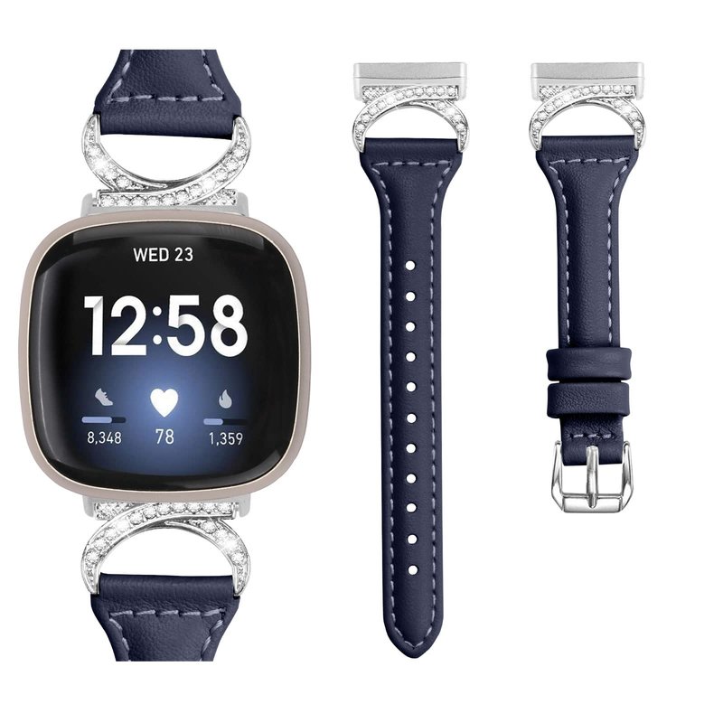 FitTurn Compatible with Fitbit Sense 2/Fitbit Versa 4 3 Bands for Women Men, Soft Genuine Leather Band Slim Strap Replacement Accessory Wristband + Metal rhinestone Adapter (Blue)