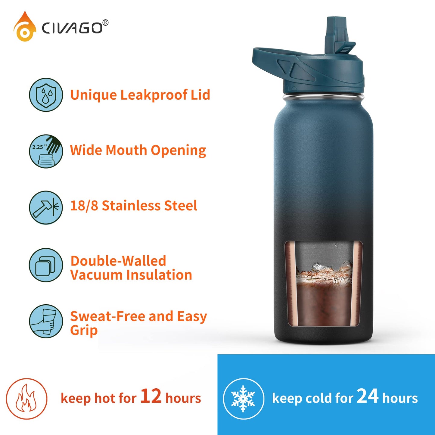 CIVAGO 22 oz Insulated Water Bottle With Straw, Stainless Steel Sports Water Flask Cup with 3 Lids (Straw, Portable Spout and Handle Lid), Double Walled Travel Thermal Canteen Mug, Indigo Black