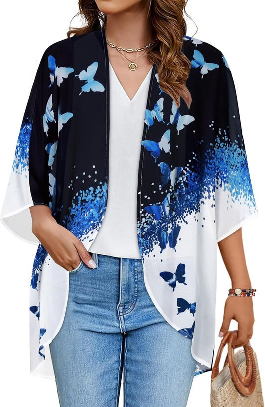 Floral Print Puff Sleeve Kimono Cardigan - Casual Loose Cover-Up Top for Women