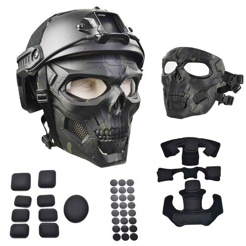 JFFCESTORE Tactical Mask and Fast Helmet,Protective Full Face Clear Goggle Skull mask Dual Mode Wearing Design, Adjustable Helmet Chin Strap Large Size for Adult (Mask+Helmet Camo)