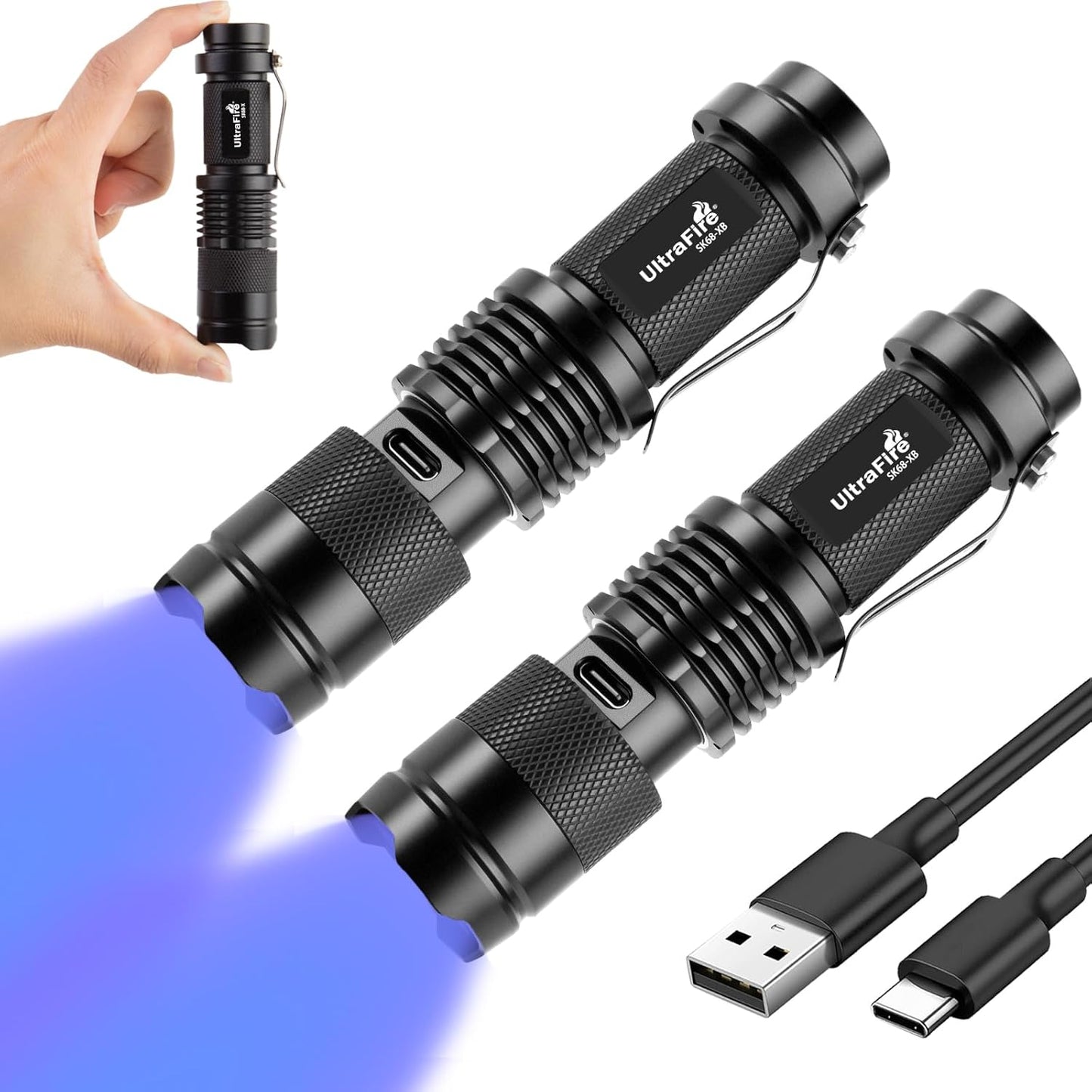 Rechargeable Blue LED Flashlight - Bright 450-460nm Single Mode Zoomable | 2 Pack for Hunting & Fishing