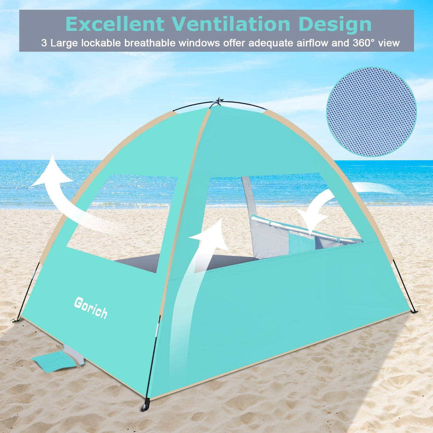 Gorich Beach Tent Sun Shelter for 3/4-5/6-7/8-10 Person with UPF 50＋ UV Protection, Lightweight & Easy Setup Beach Shade Canopy, Portable Beach Shade Tent Beach Cabana