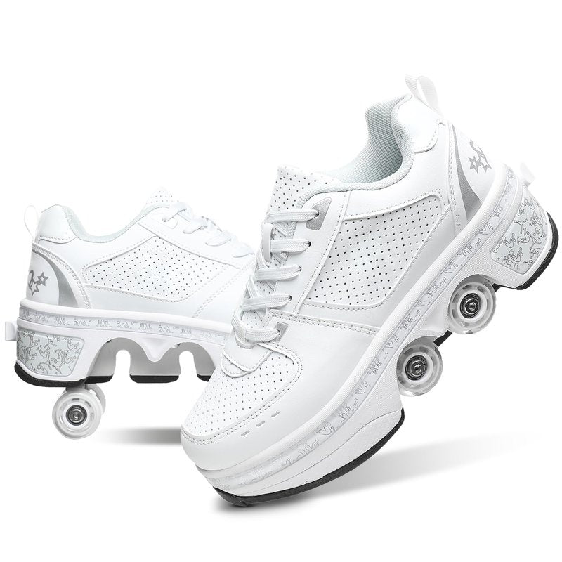 Roller Skate Shoes for Girls, Boys, 2-in-1 Skating Shoes for Man, Women, Retractable Wheels Sneakers for Kids, Deformation Sneakers Outdoor, White(2.5US)