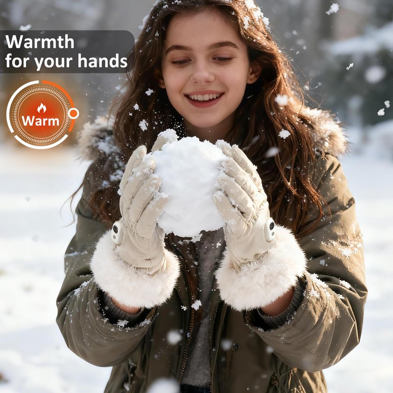 yoostooper Women's Heated Gloves, Off-White Glove with Palm & Back Heating Function, Rechargeable Touchscreen Gloves for Winter Outdoor Activities (Driving, Walking, Camping) - Medium