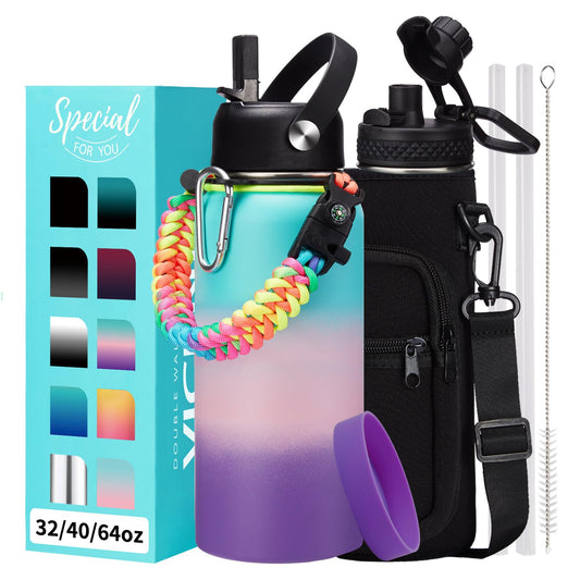 32 40/64/128 oz Flask Water Bottles Insulated - with Straw Auto Spout Lid, Water Bottle Stainless Steel Keep Cold 48H Hot 24H, Metal Water Bottle with Strap, Paracord Handle, Protective Boot