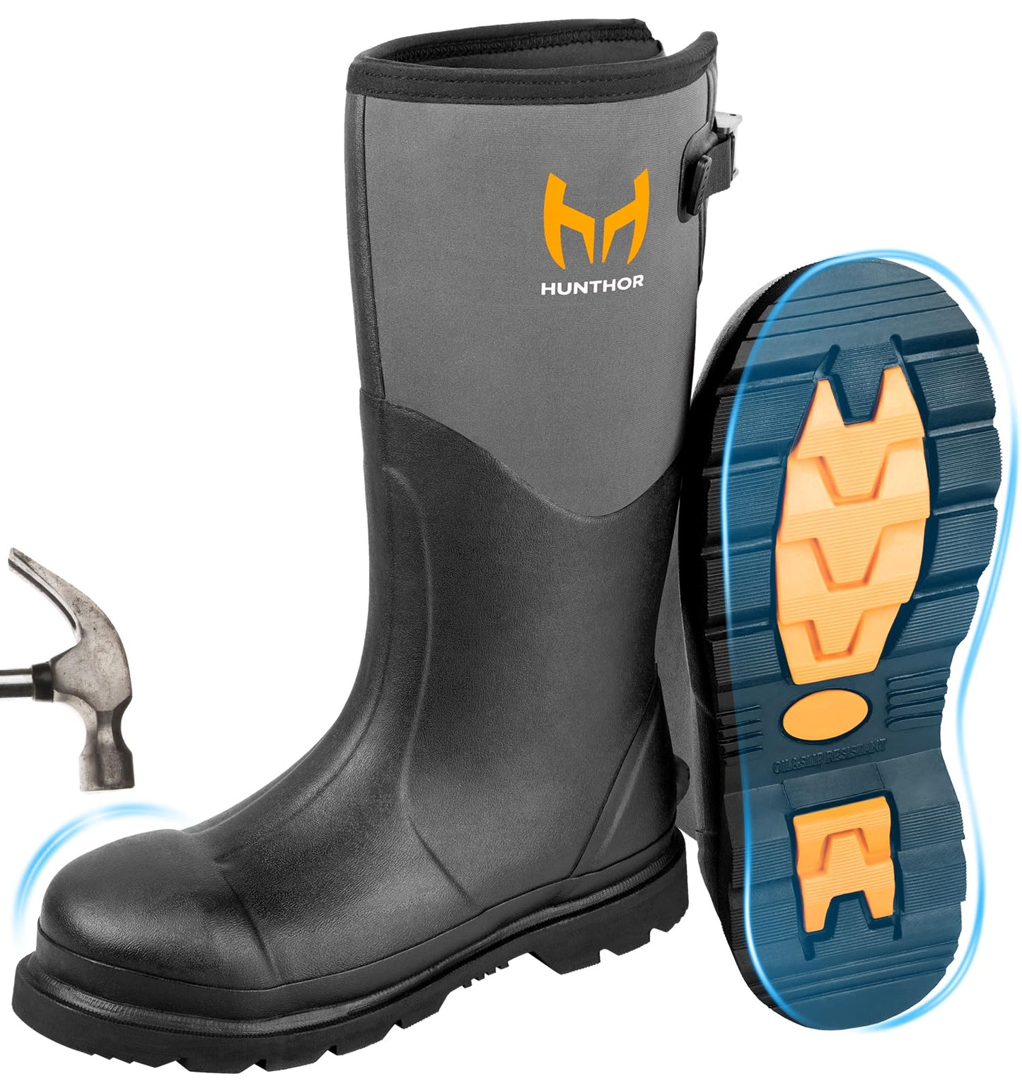 Hunthor Rubber Work Boots, Puncture-Proof with Steel Toe & Shank, Waterproof Insulated 6mm Neoprene Hunting Boots for Farming, Construction, Gardening, Fishing, Outdoor Work