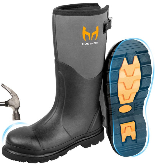 Hunthor Rubber Work Boots, Puncture-Proof with Steel Toe & Shank, Waterproof Insulated 6mm Neoprene Hunting Boots for Farming, Construction, Gardening, Fishing, Outdoor Work