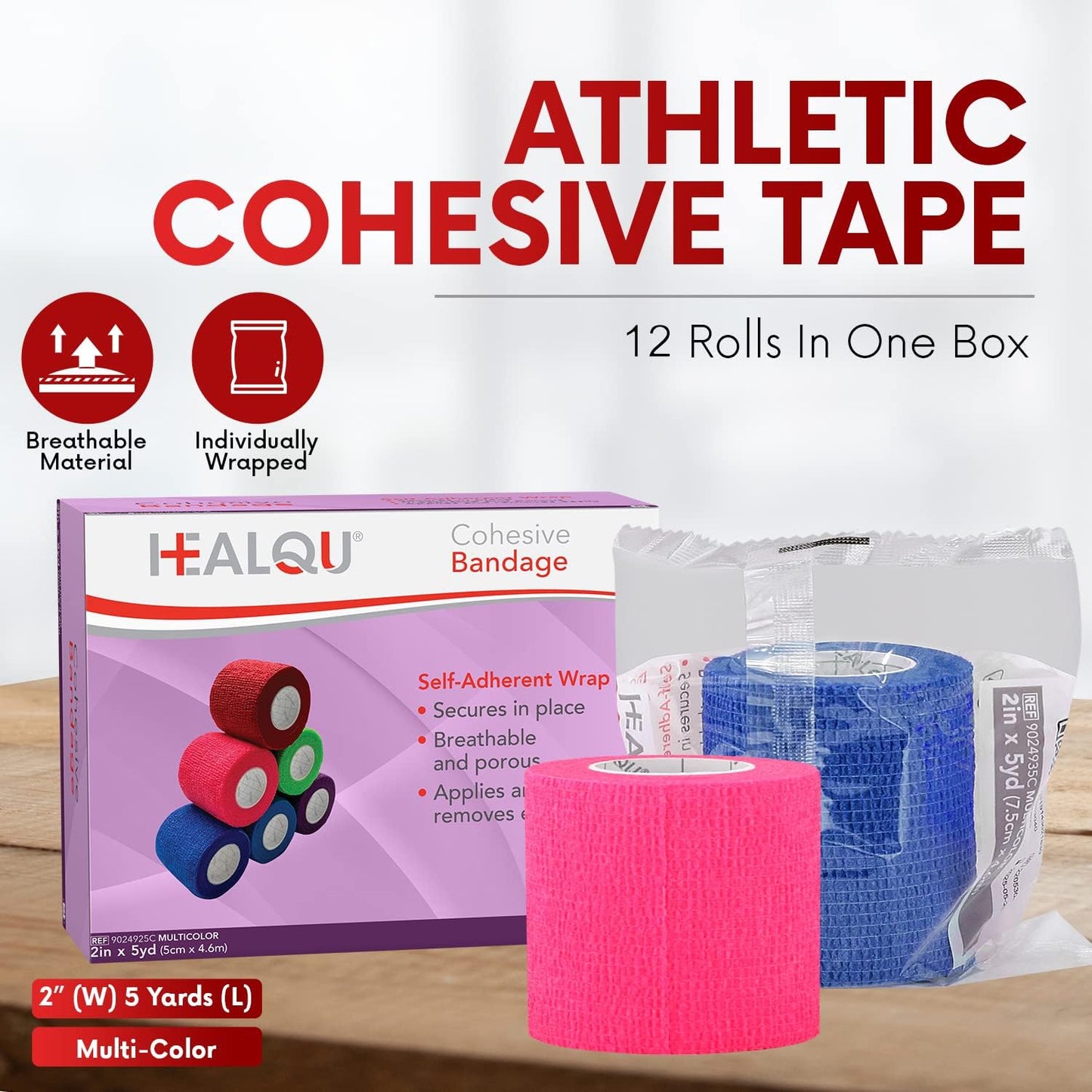 Self Adhesive Bandage Wrap - 12 Rolls 2" x 5yd Cohesive Medical Tape | Flexible Elastic Bandages for Sports & Pets