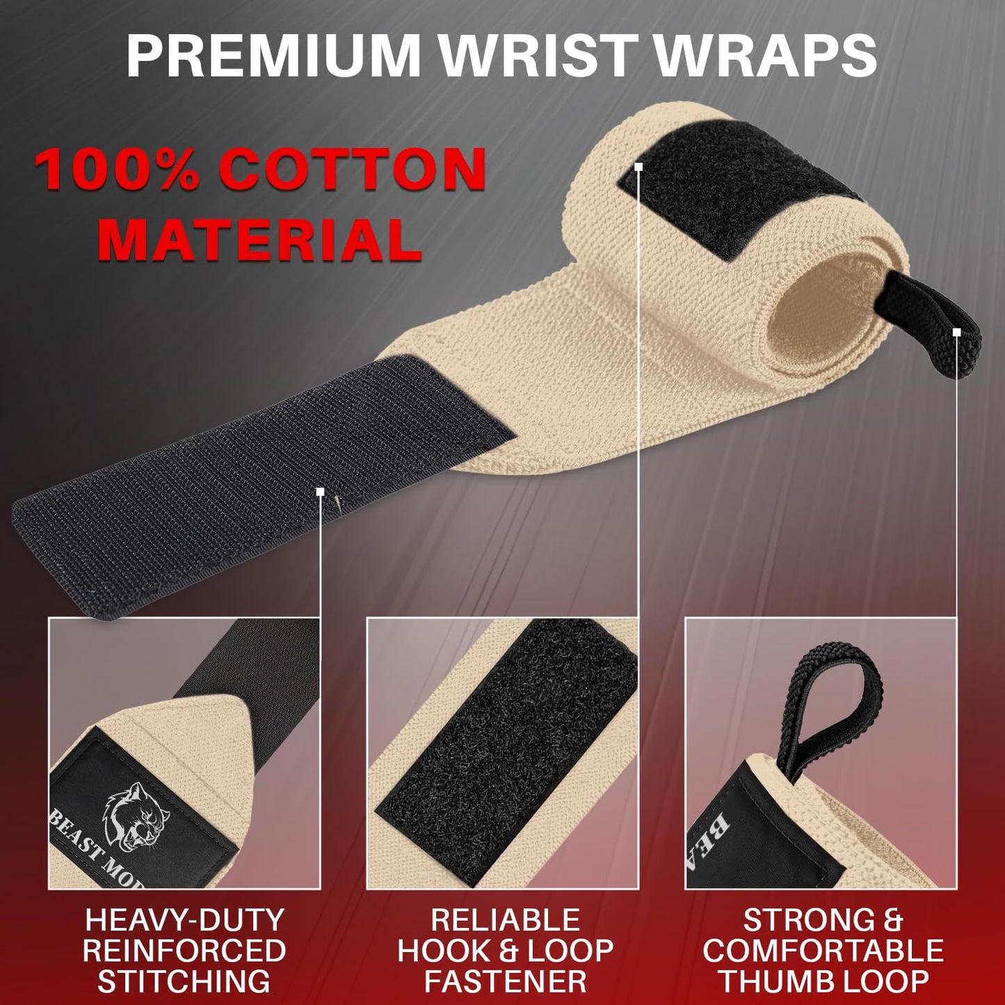 TECEUM Weightlifting Wrist Wraps with Thumb Loop – Beige – Arms on Fire – 18 inch – Heavy-Duty Workout Wrist Support & Protection – Ideal for Powerlifting, Strength Training, Bodybuilding