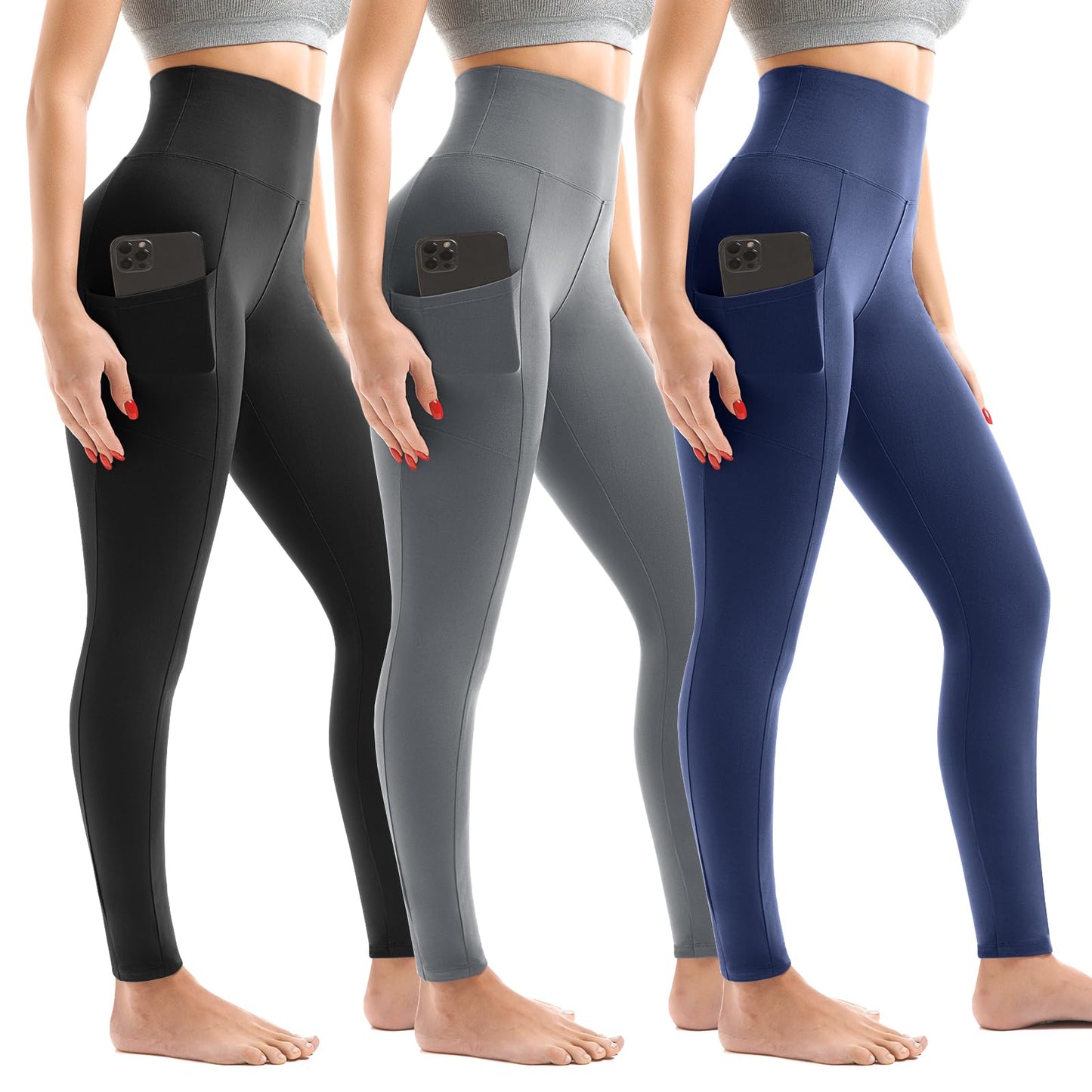 Leggings with Pockets for Women 3 Pack, High Waist Womens Leggings (Black/Grey/Navy SM)
