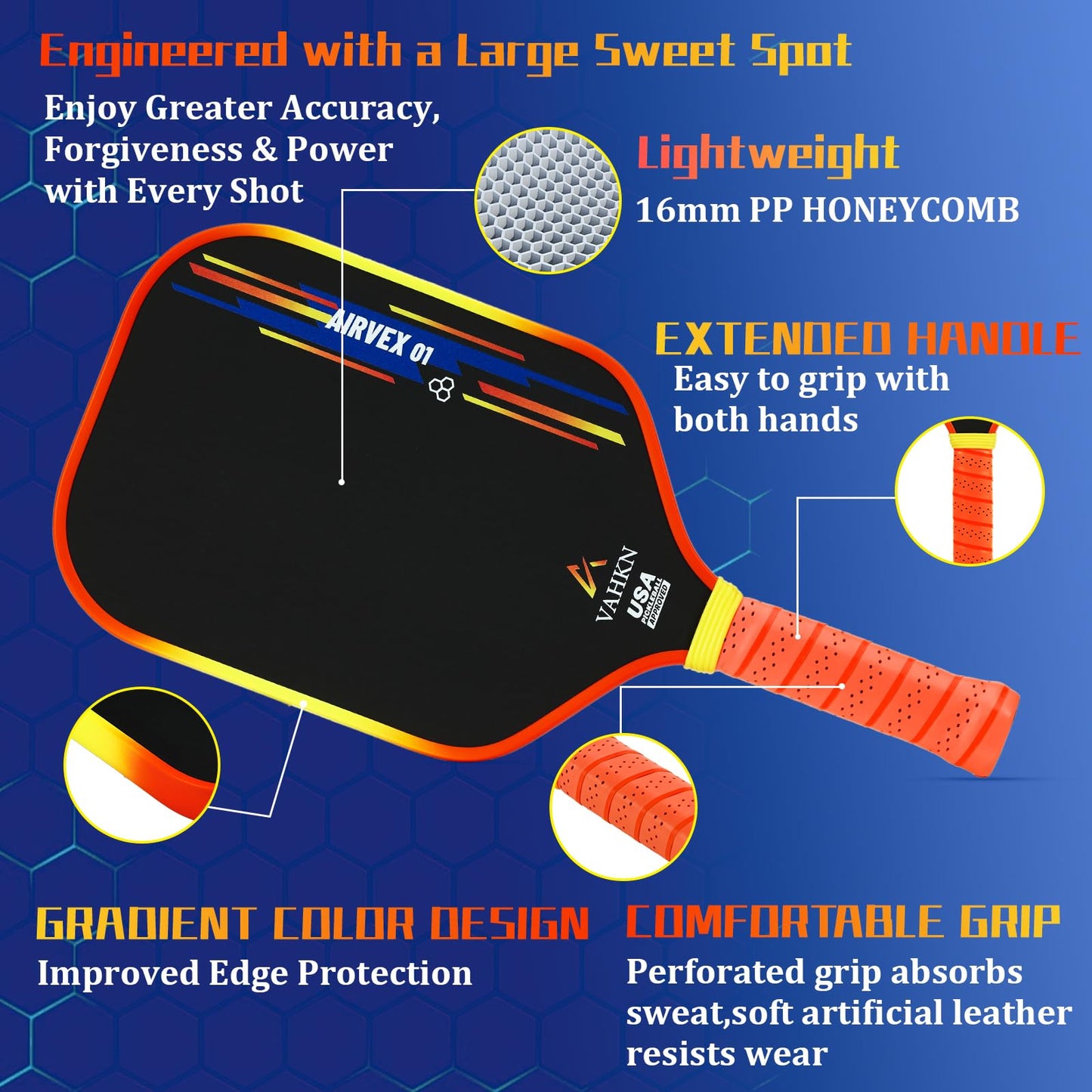 VAHKN Pickleball Paddles |16MM Carbon Fiber Pickleball Paddle | High-Spin Textured Surface & Vibrant Gradient Edge | USAPA Approved Racket for Ultimate Power,Control & Precision (Orange 1PCS)