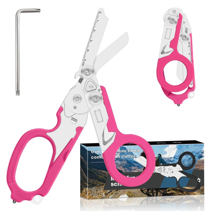Lemasa-6in1 Multi functional Trauma shears, Foldable trauma shear, Nurse's Multi functional Emergency Scissors, Outdoor Tactical Scissors, Pink Trauma shears, Comes with Adjustable Wrench (Pink)