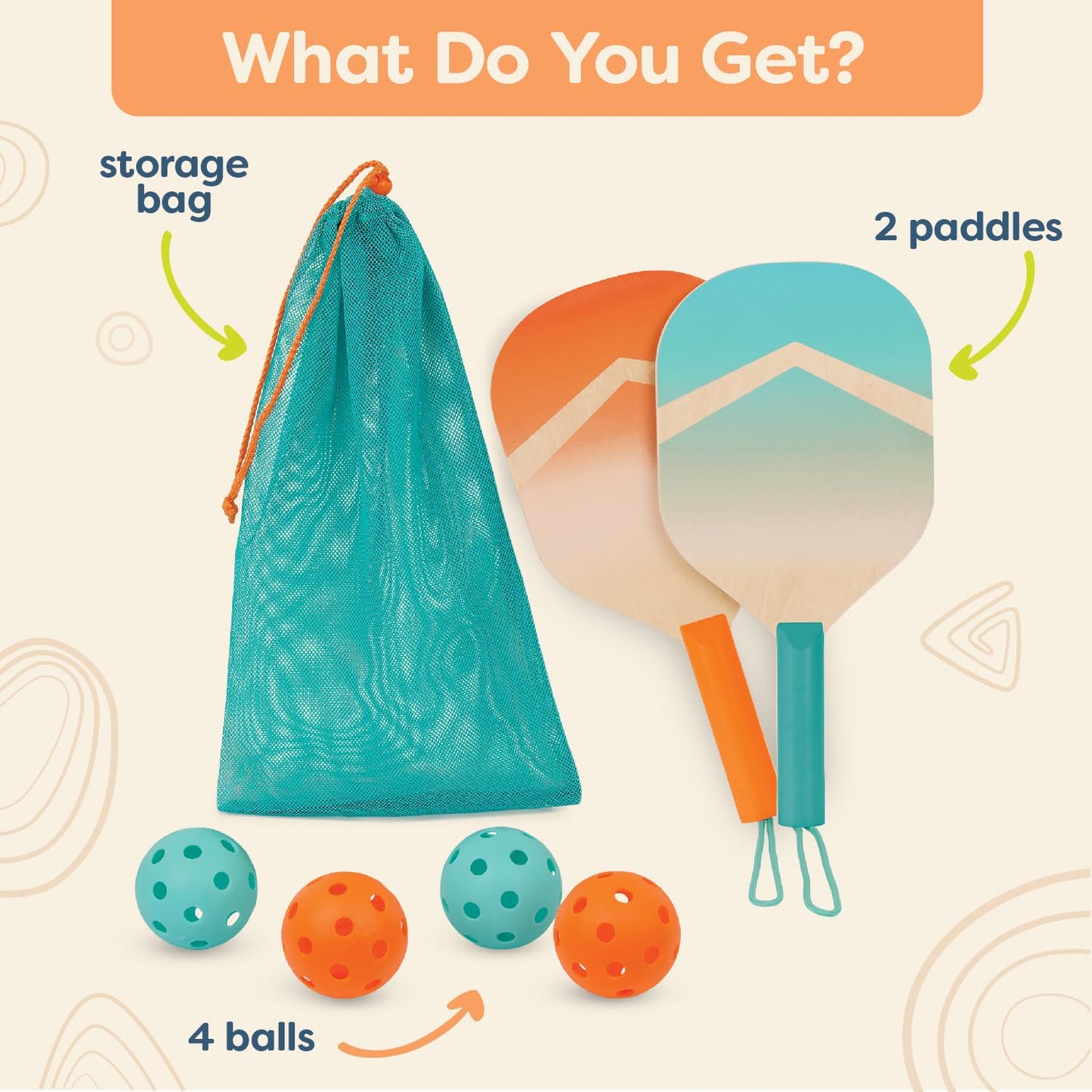 B. toys – Kids Pickleball Game – Wooden Paddle Set – 2 Paddles & 4 Balls – Drawstring Storage Bag – 3+ Years– Pickleball Set