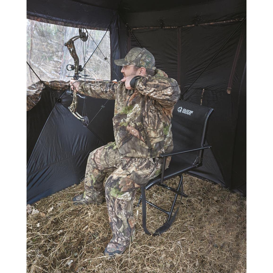 Guide Gear Big Boy Hunting Blind Chair with Armrests, Portable Folding Seat for Shooting, Comfortable Spin Swivel, 500-lb. Capacity