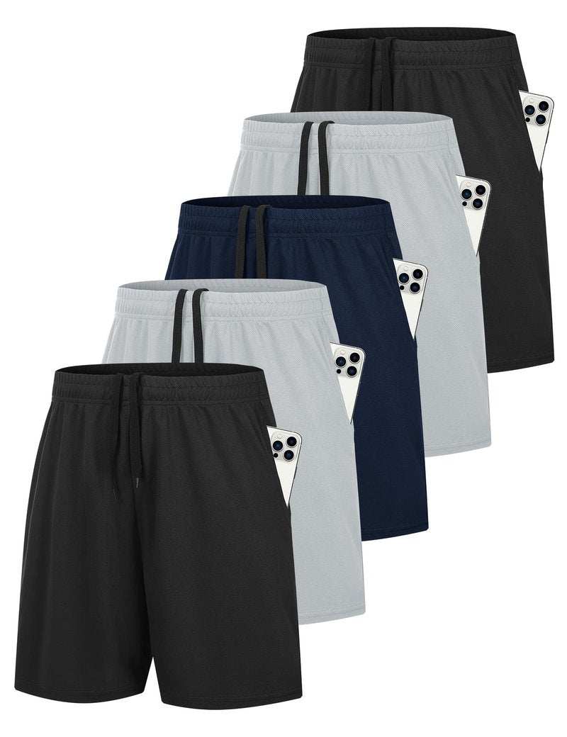 HOPLYNN 5 Pack Mens 7'' Gym Athletic Shorts with Pockets,Mesh Basketball Quick Dry Workout Shorts for Running Activewear 2 Black 2 Grey 1 Blue Large
