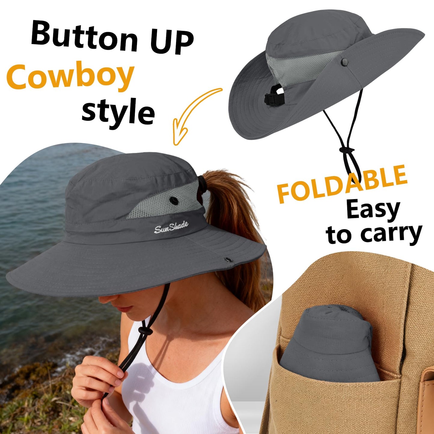 ZOORON Women's Ponytail Safari Sun Hat,Wide Brim UV Protection Outdoor Bucket Hat,Foldable Beach Summer Fishing Hat