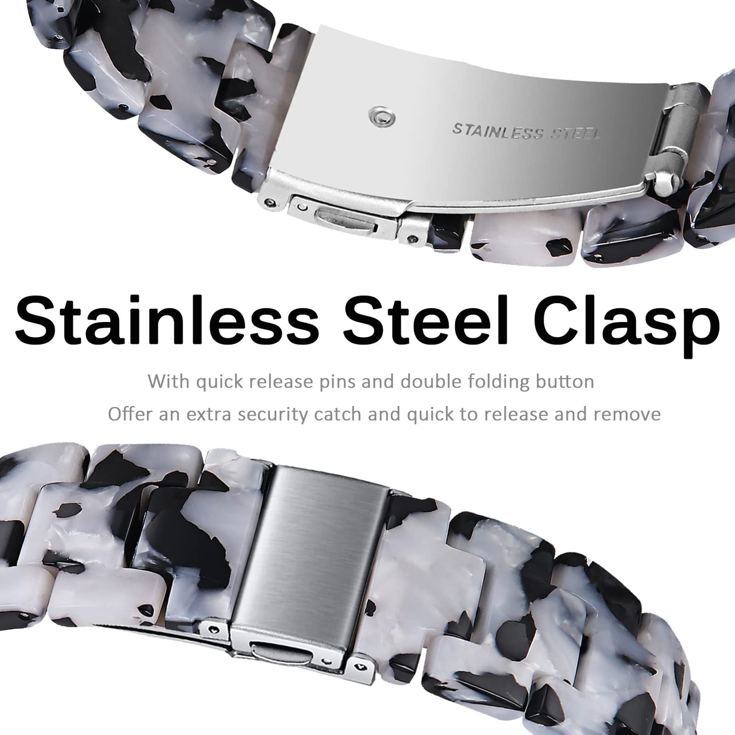 Miimall Compatible for Fitbit Versa Sense Strap, Versa 3 Resin Band Stylish with Stainless Steel Clasp Replacement Bands Straps for Fitbit Versa Sense Versa 3 Trackers(Black&White)