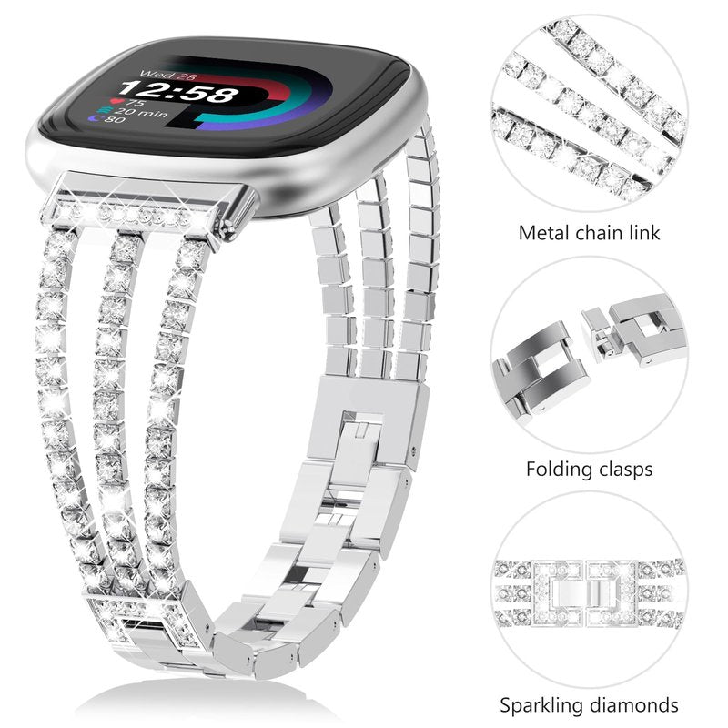 FULLIFE Compatible with Fitbit Versa 3/Fitbit Versa 4 Chain with Crystal Diamond Bling Metal Link Bracelet Strap Steel Fitbit Sense/Fitbit Sense 2 Band for Women, Silver